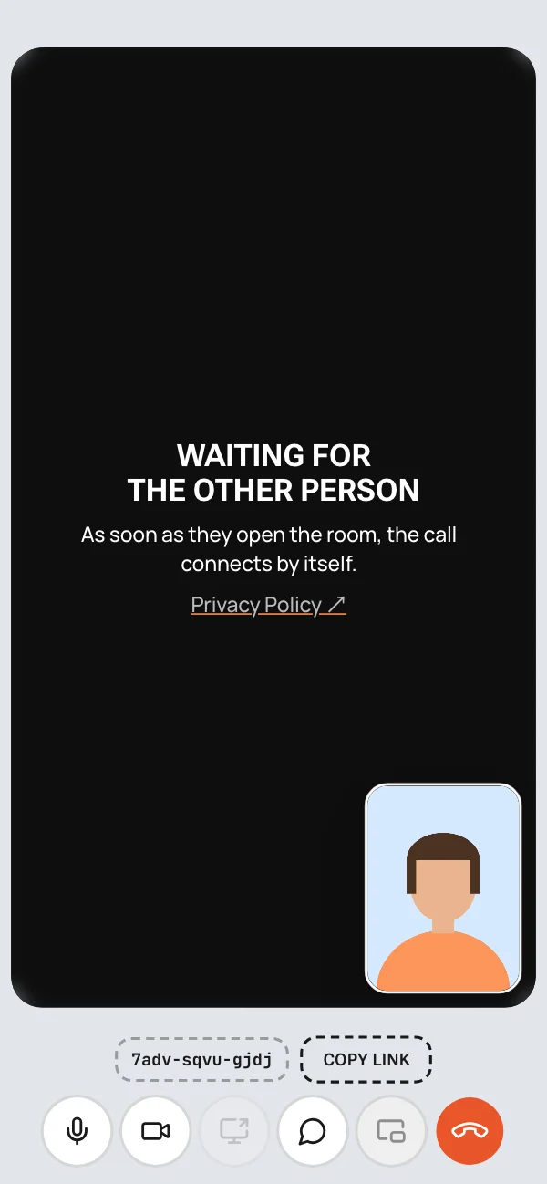 The room waiting for the other person, with the "Copy link" button at the bottom